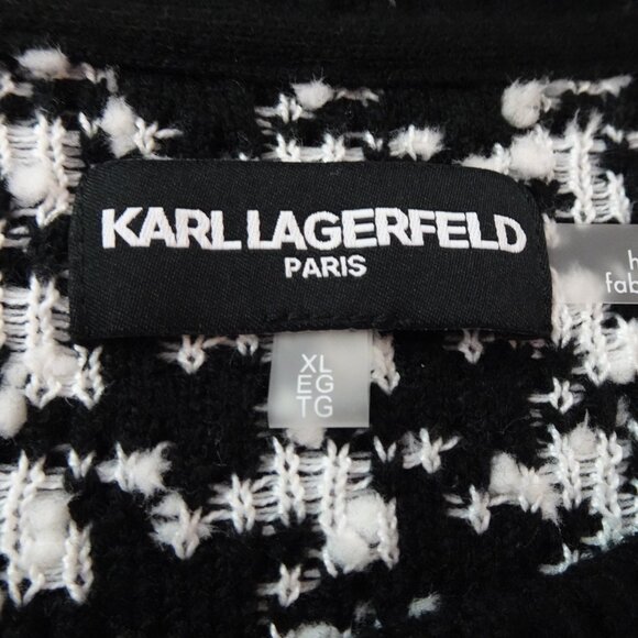 Karl Lagerfeld Cardigan Women's Size XL Black White Herringbone Cropped Classic - Picture 9 of 13